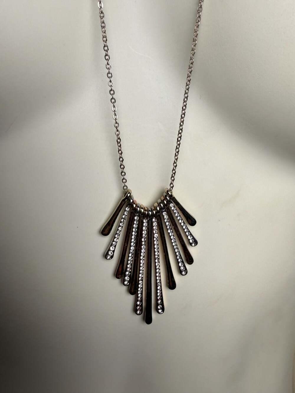 LOFT Silver Tone Rhinestone Fan Fringe Long Necklace